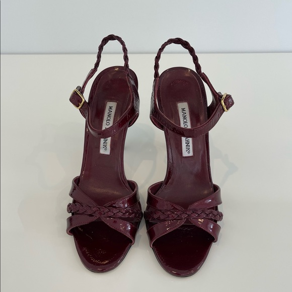 MANOLO BLAHNIK BURGUNDY PATENT LEATHER SANDALS 7.5 - Picture 11 of 15